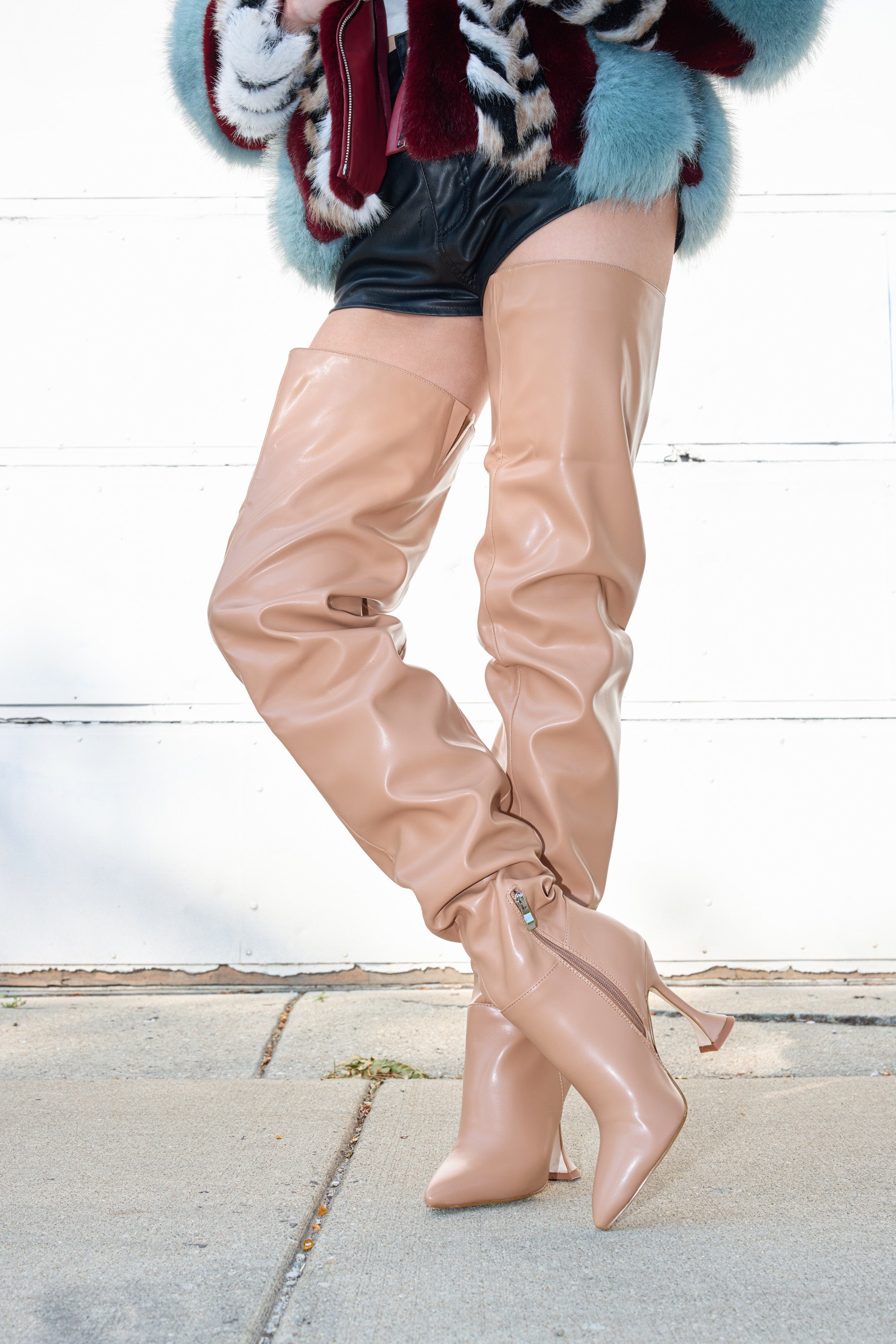 AZALEA WANG STEPHAN BEIGE PU FLARED HEEL RUCHED BOOT