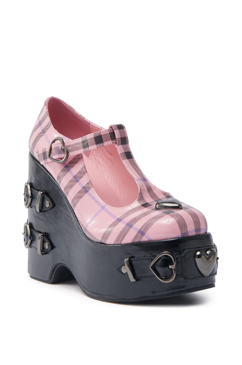 KOI FOOTWEAR SWEET APATHY PINK HEART WEDGE PUMP