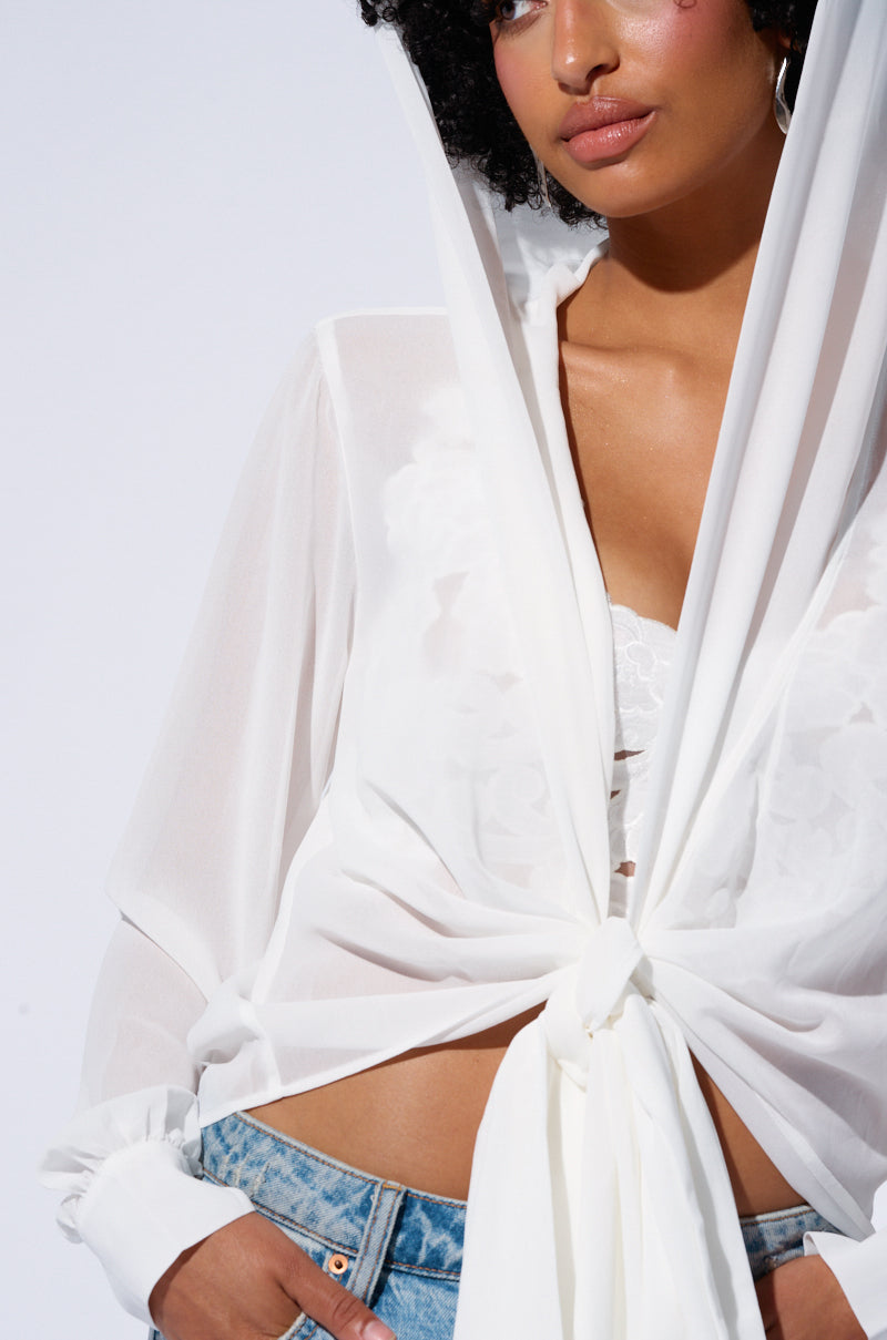 MARGO TIE FRONT BLOUSE WITH HOOD IN WHITE