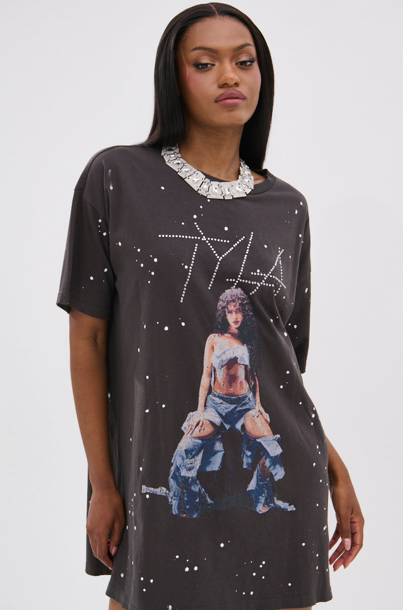 IT GIRL SPLATTERED GRAPHIC TSHIRT DRESS WITH RHINESTONES