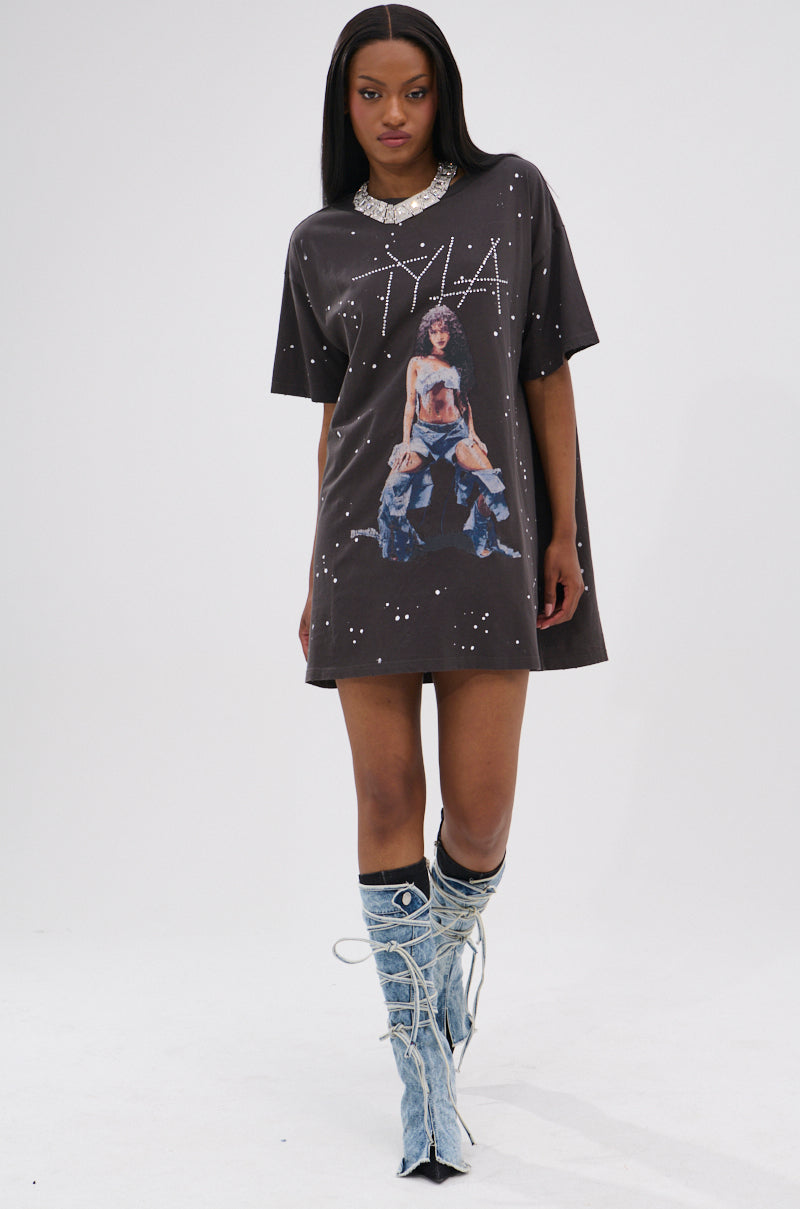 IT GIRL SPLATTERED GRAPHIC TSHIRT DRESS WITH RHINESTONES