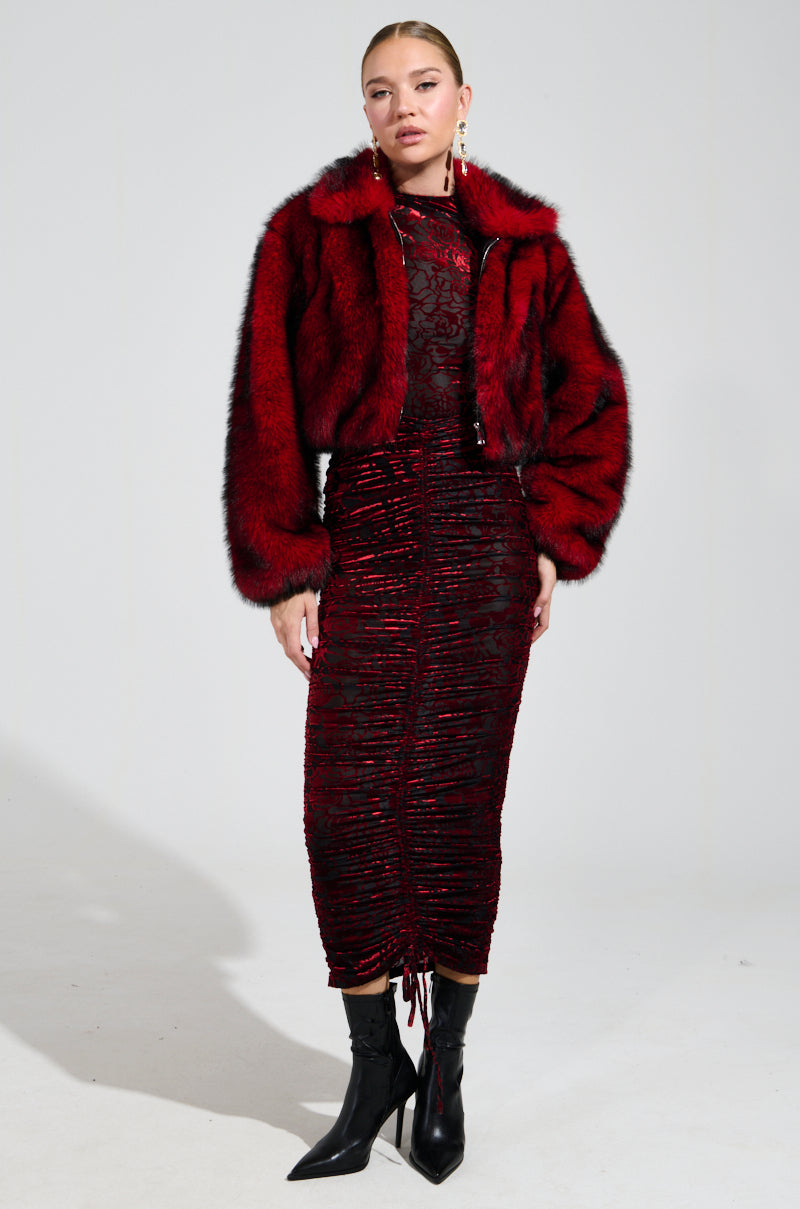 NOW YOU SEE ME FAUX FUR BOMBER IN RED