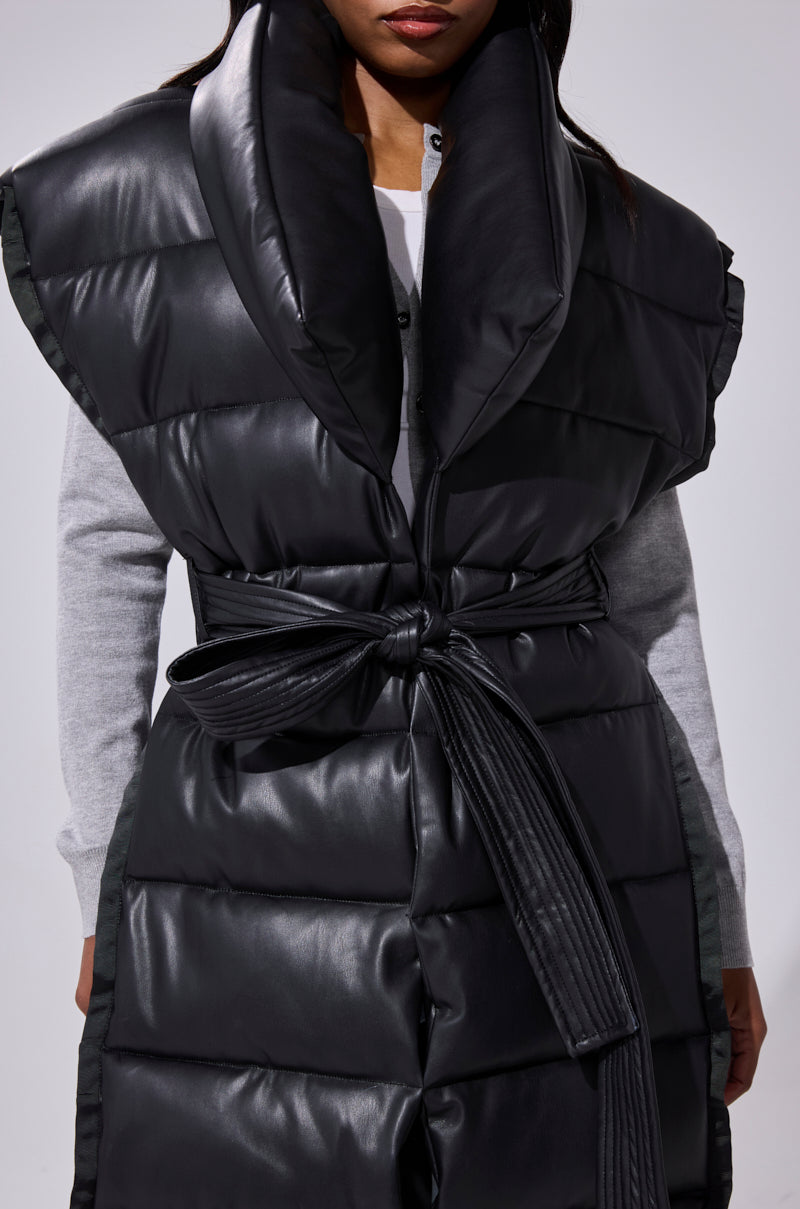 PILOT JONES LONGLINE PUFFER VEST IN FAUX LEATHER