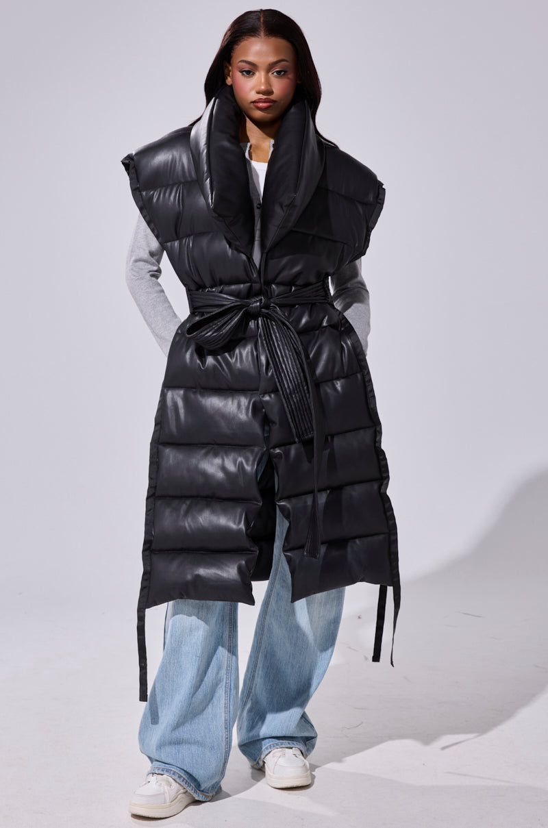 PILOT JONES LONGLINE PUFFER VEST IN FAUX LEATHER