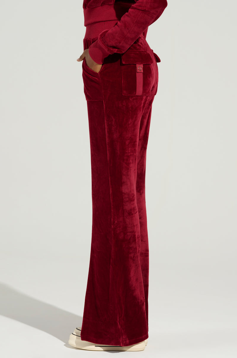 VELOUR GALORE FLARED  LEG JOGGER IN BURGUNDY