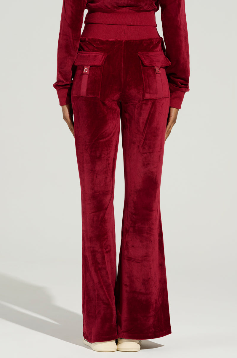 VELOUR GALORE FLARED  LEG JOGGER IN BURGUNDY