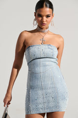JUST WANNA ROCK DENIM RHINESTONE MINI DRESS