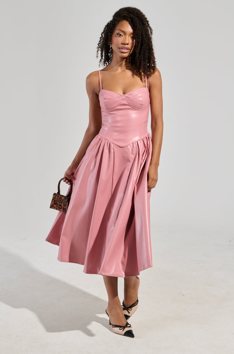 SITTING PRETTY FAUX LEATHER MIDI DRESS