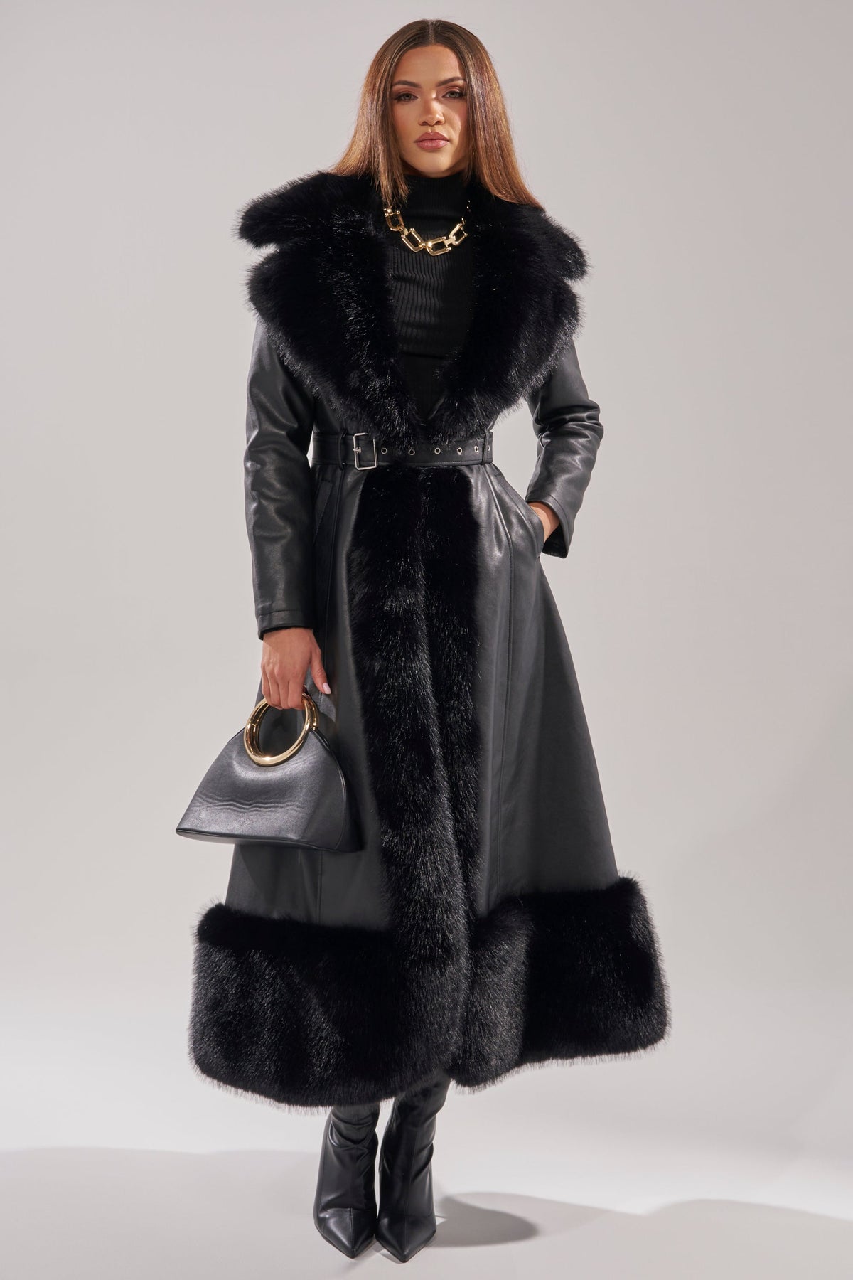 VIVAN LONG PU TRENCH WITH FAUX FUR TRIM