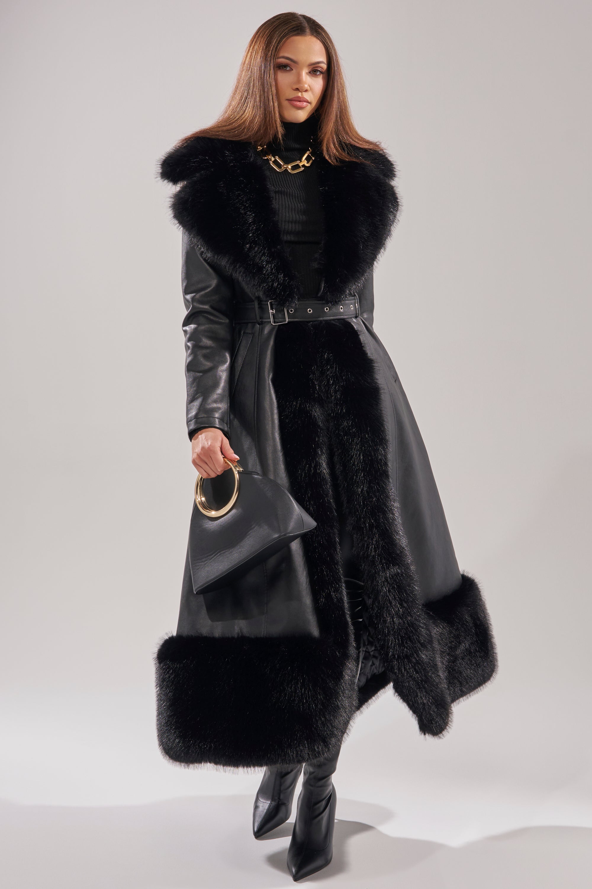 VIVAN LONG PU TRENCH WITH FAUX FUR TRIM