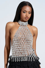 LOREN RHINESTONE HALTER NECK TOP IN SILVER
