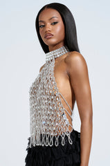 LOREN RHINESTONE HALTER NECK TOP IN SILVER
