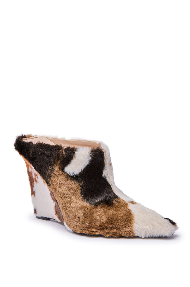 AZALEA WANG WAFIYA MULTI WEDGE COW PATTERN FURRY PUMP
