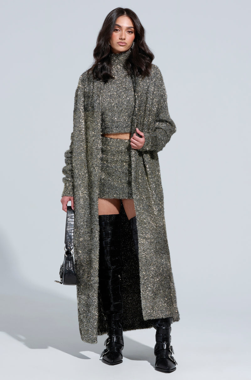 WRAPPED IN GOLD FITTED KNIT MINI SKIRT