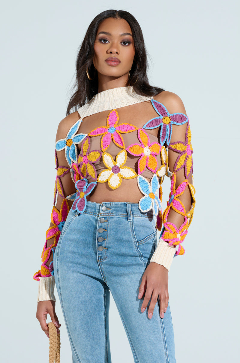 SPRING CUTOUT FLORAL MOCK NECK SWEATER