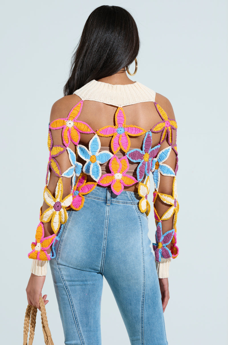 SPRING CUTOUT FLORAL MOCK NECK SWEATER