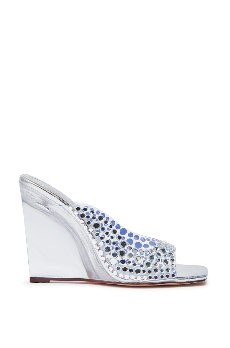 AZALEA WANG WIDYA SILVER RHINESTONE EMBELLISHED PVC WEDGE SANDAL