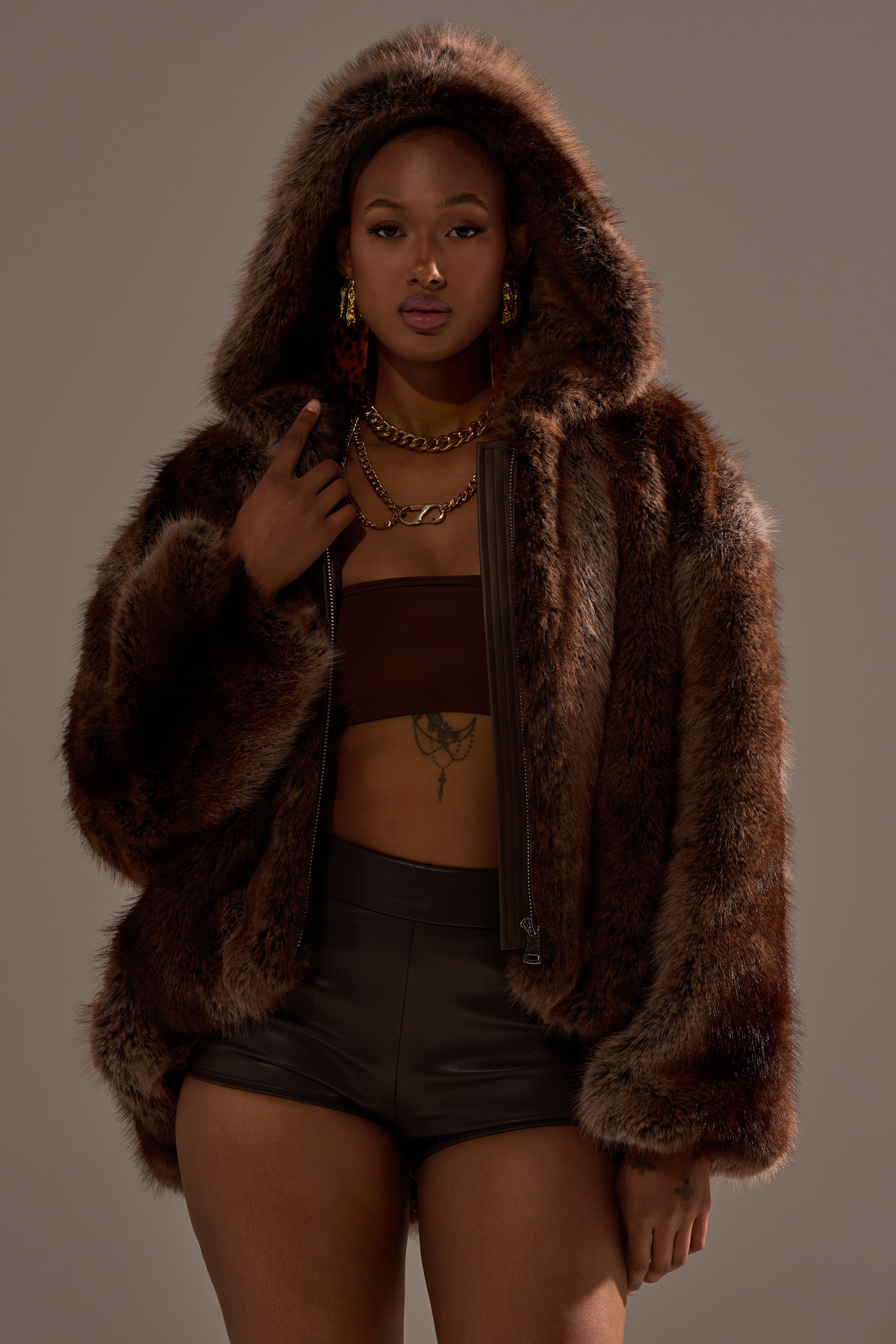 NATURAL INSTINCTS HOODED FUR BOMBER