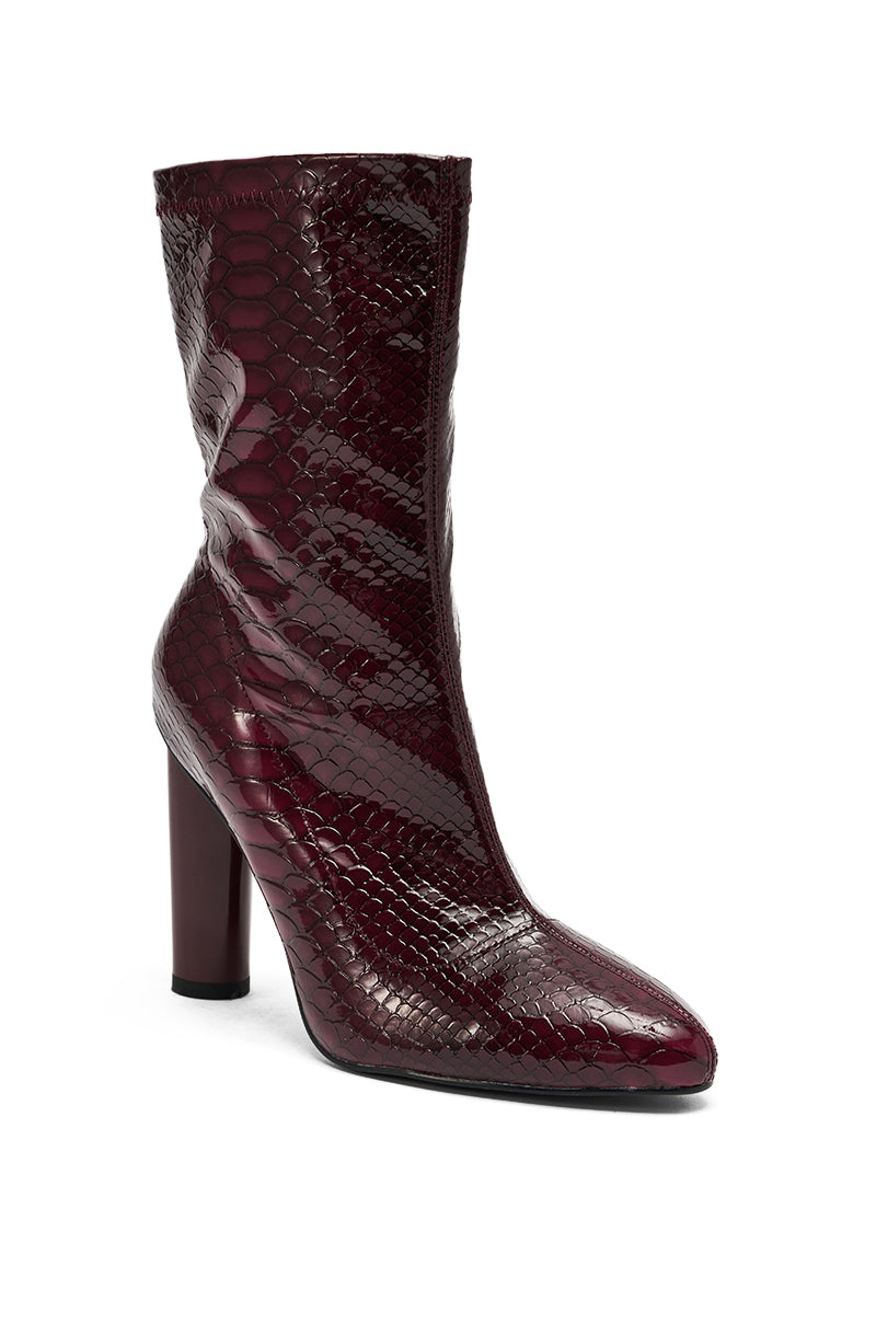 AZALEA WANG WINGROVE BURGUNDY CHUNKY HEEL CROCODILE BOOTIE