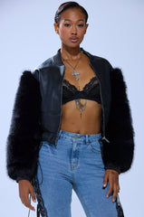 SO GOOD IT HURTS FUR SLEEVE BOMBER IN BLACK