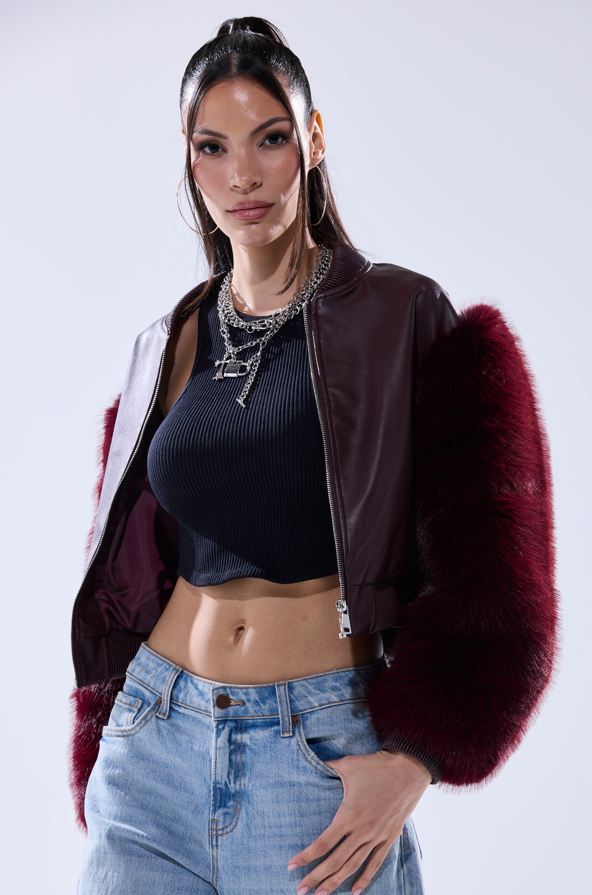 SO GOOD IT HURTS FUR SLEEVE BOMBER IN BURGUNDY
