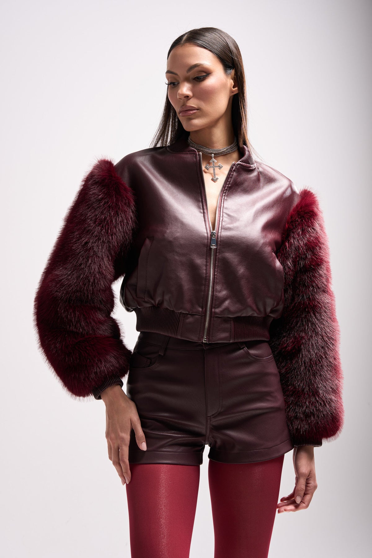 SO GOOD IT HURTS FUR SLEEVE BOMBER IN BURGUNDY