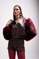 SO GOOD IT HURTS FUR SLEEVE BOMBER IN BURGUNDY