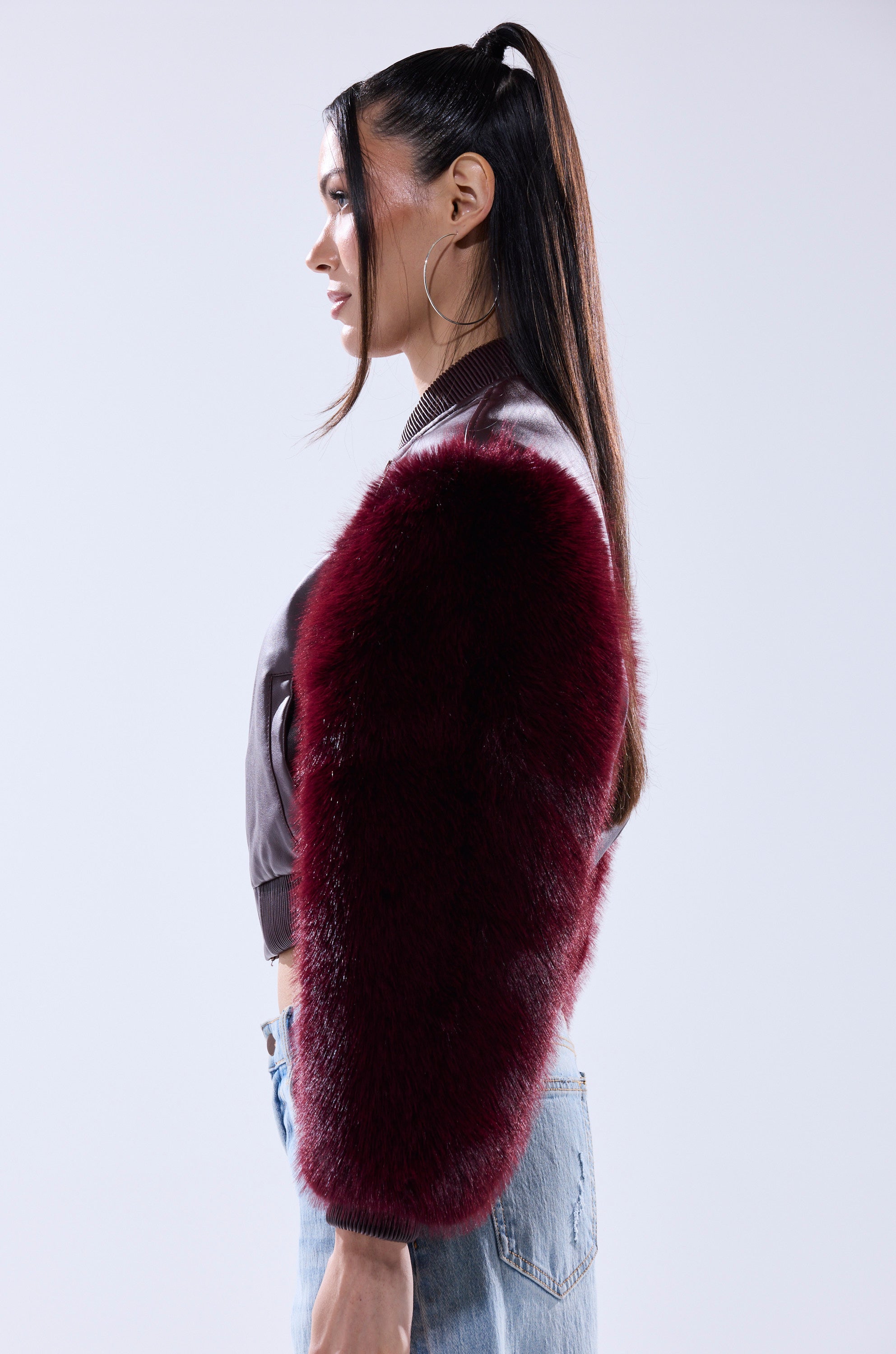 SO GOOD IT HURTS FUR SLEEVE BOMBER IN BURGUNDY