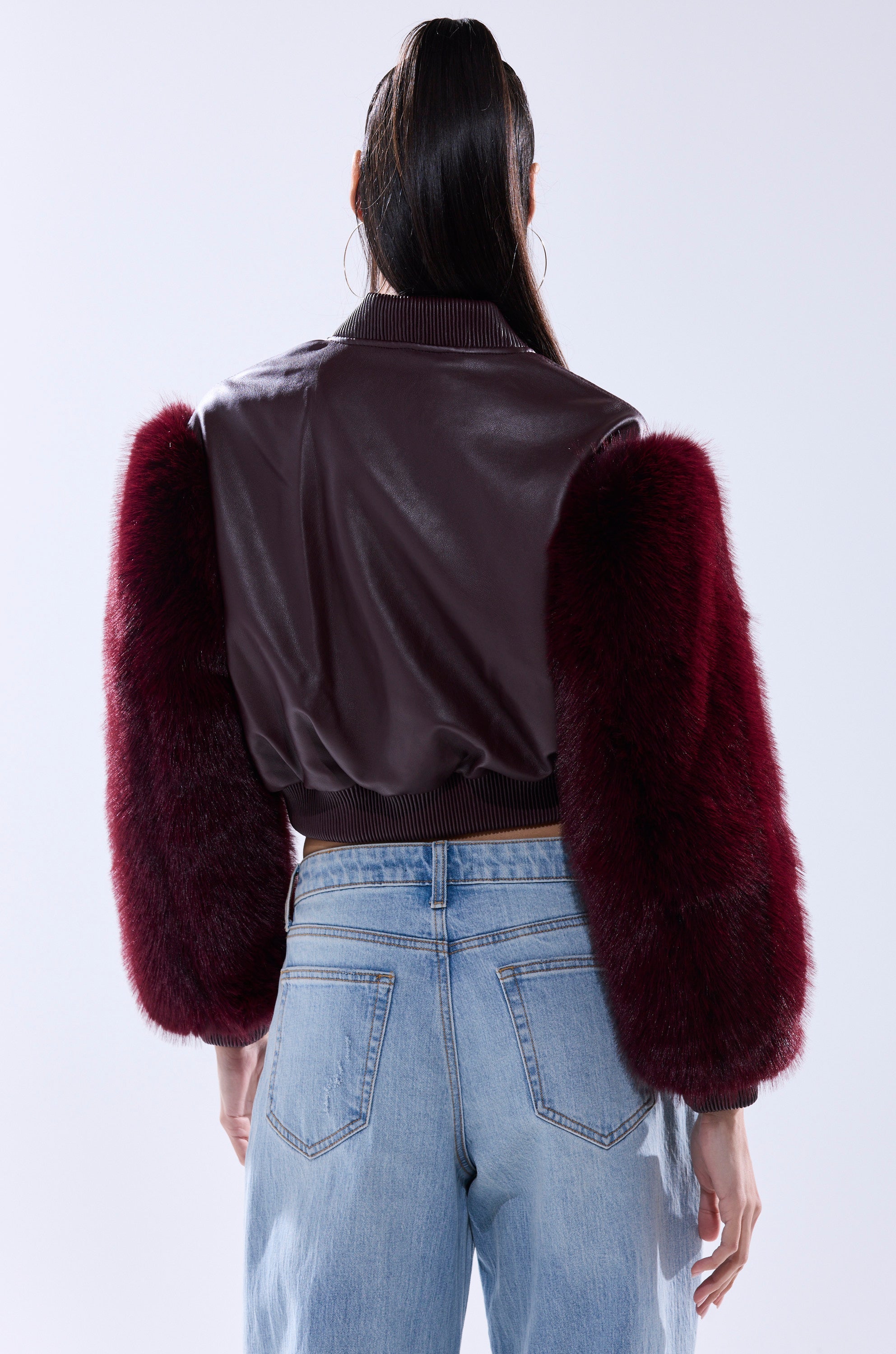 SO GOOD IT HURTS FUR SLEEVE BOMBER IN BURGUNDY