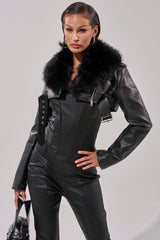 HALF MY HEART ULTRA CROPPED MOTO WITH FUR COLLAR