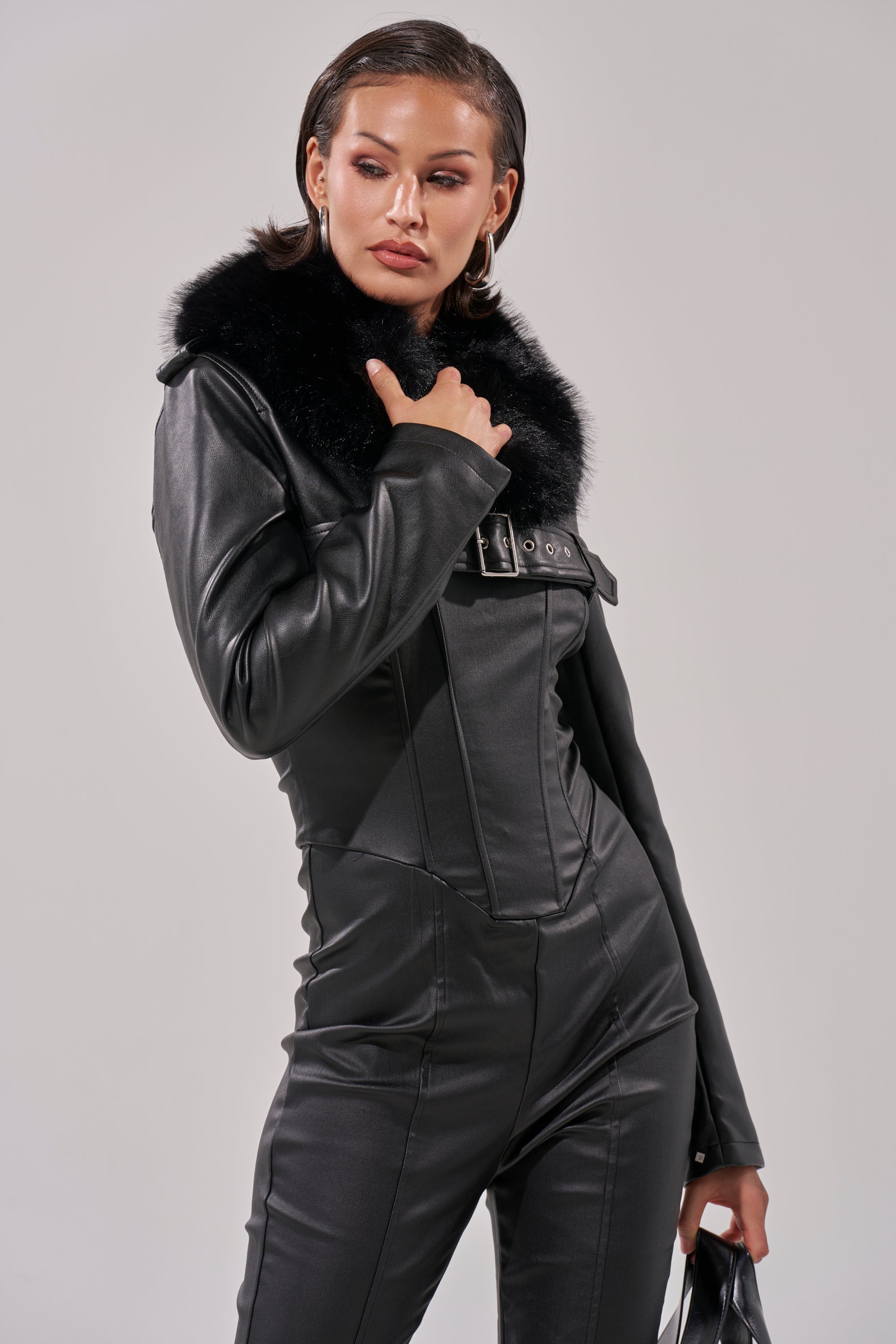 HALF MY HEART ULTRA CROPPED MOTO WITH FUR COLLAR