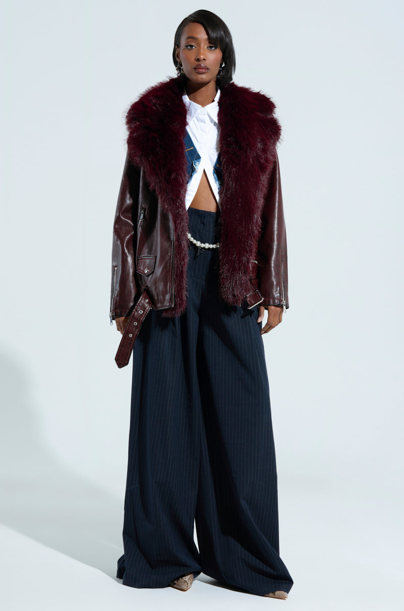 ON THE GO FUR TRIM MOTO IN BURGUNDY