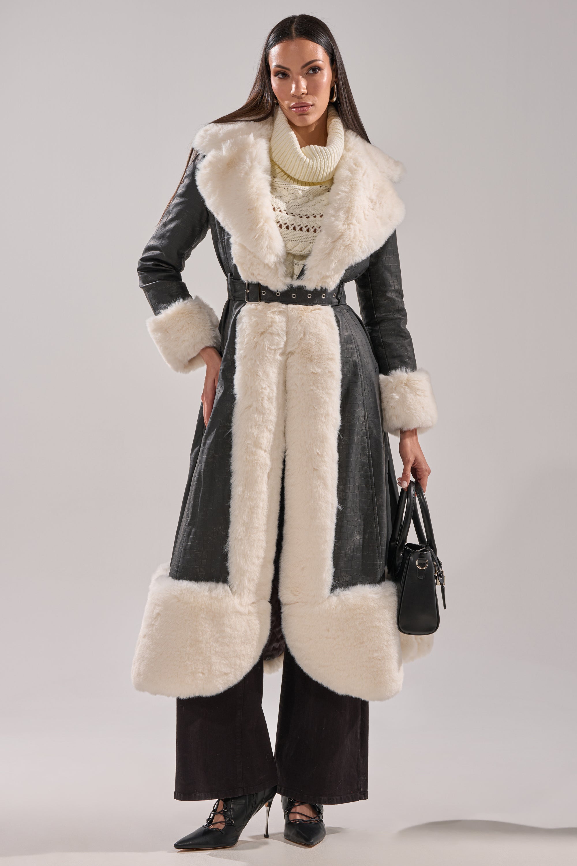 VIVIAN FUR TRIM TRENCH IN GREY