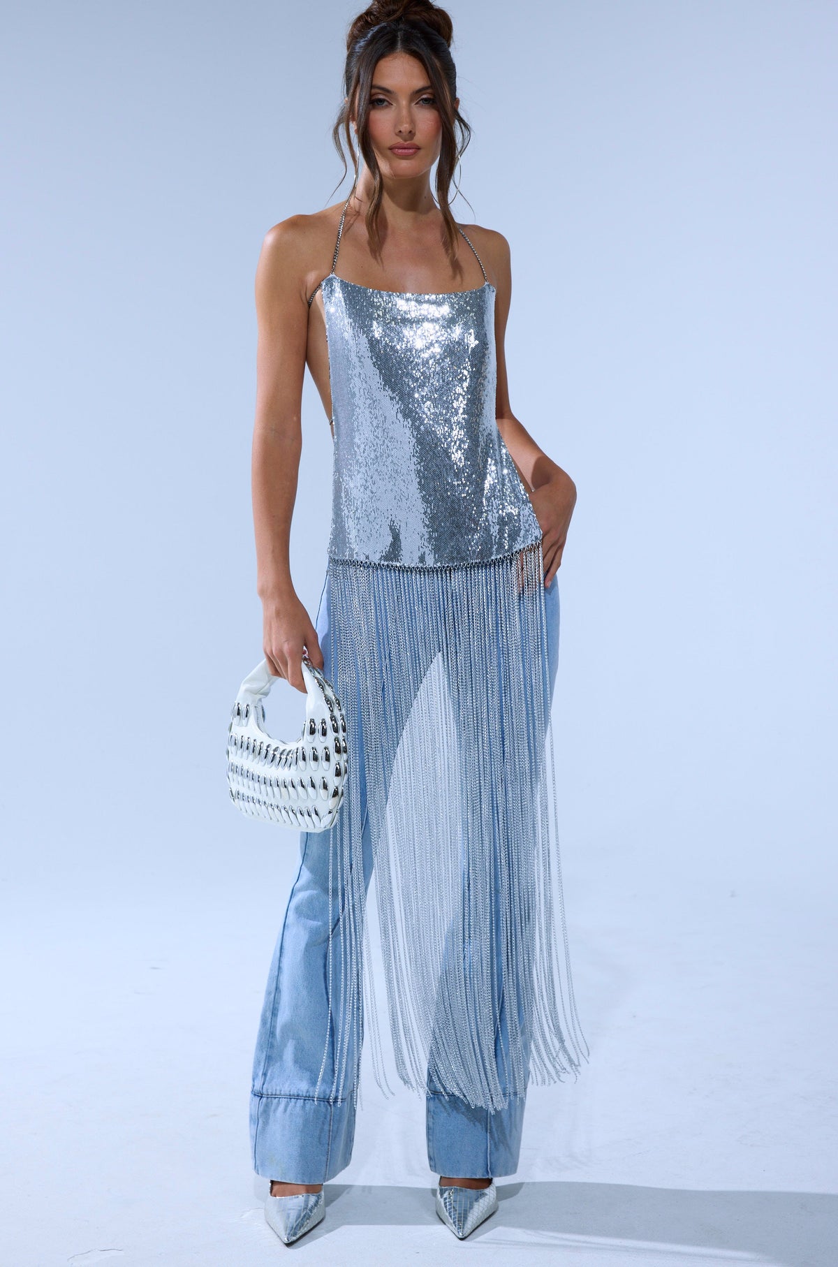 ONLY THINK ABOUT YOU SILVER RHINESTONE FRINGE TOP