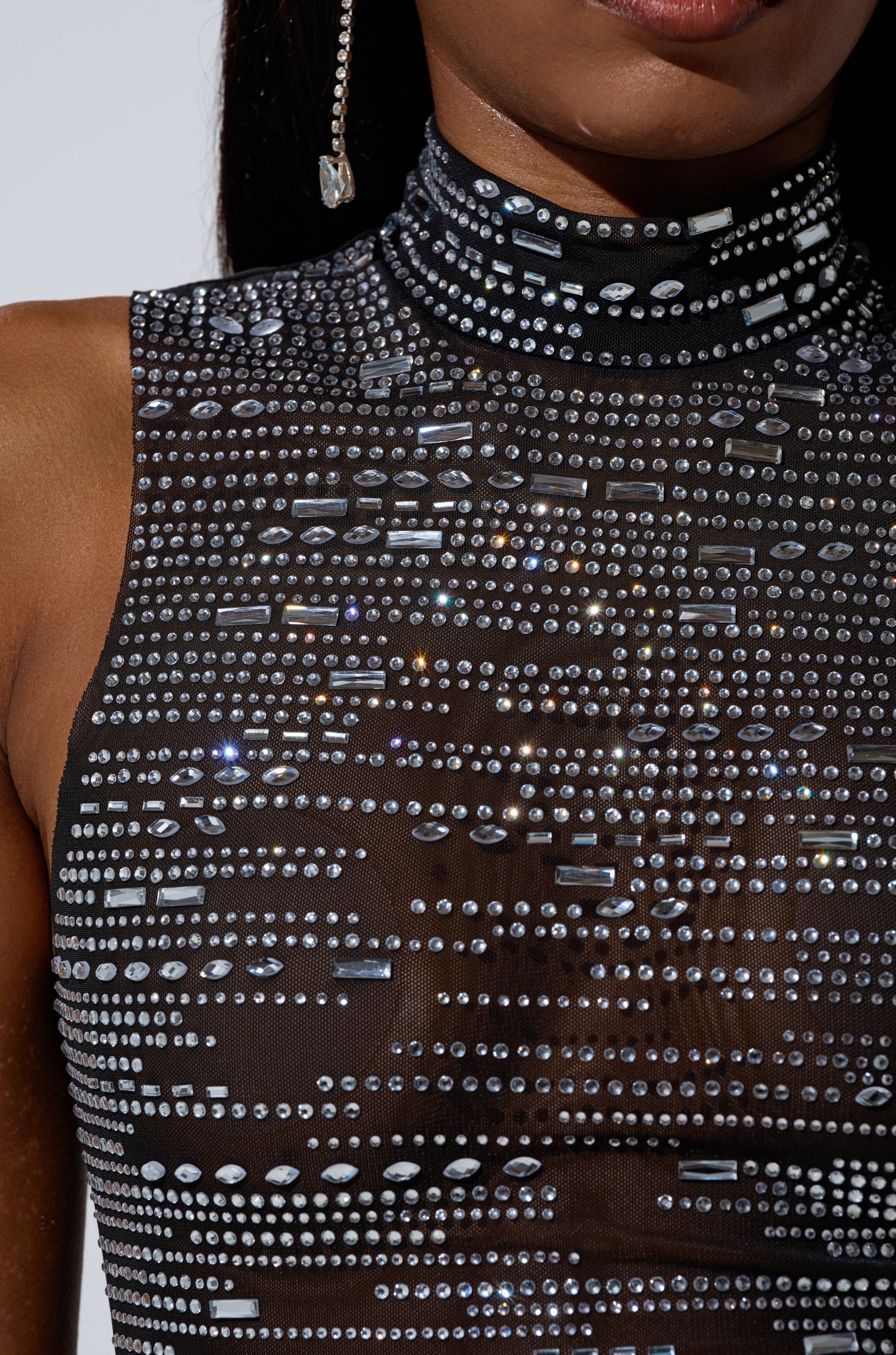 BELIEVE ME RHINESTONE MESH TANK IN BLACK