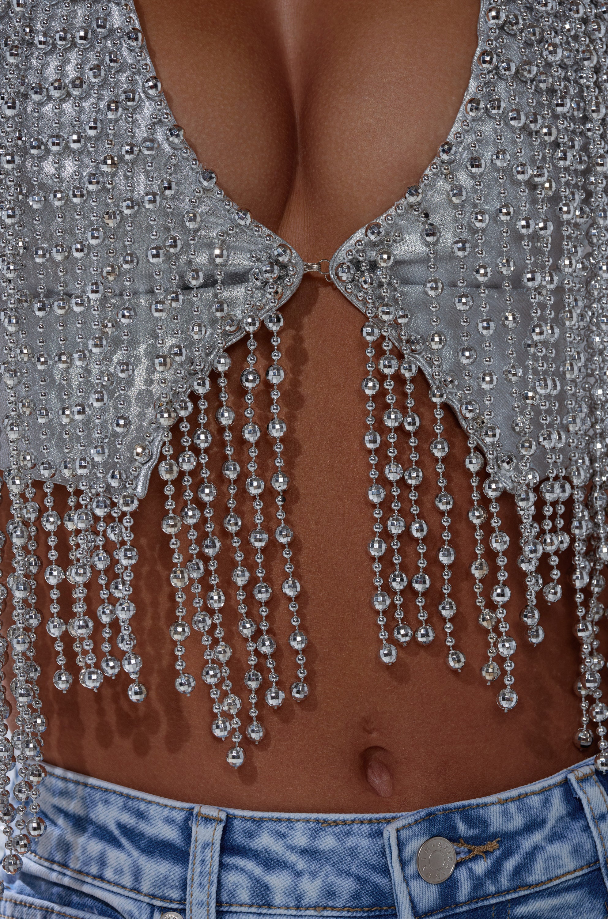 IN MY OWN LANE SILVER BEADED TOP