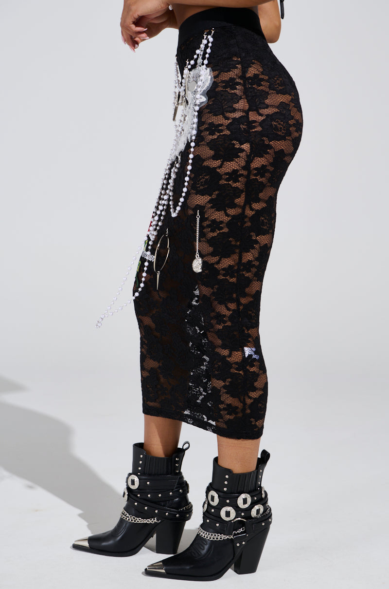 CONTROLLED CHAOS LACE MIDI SKIRT