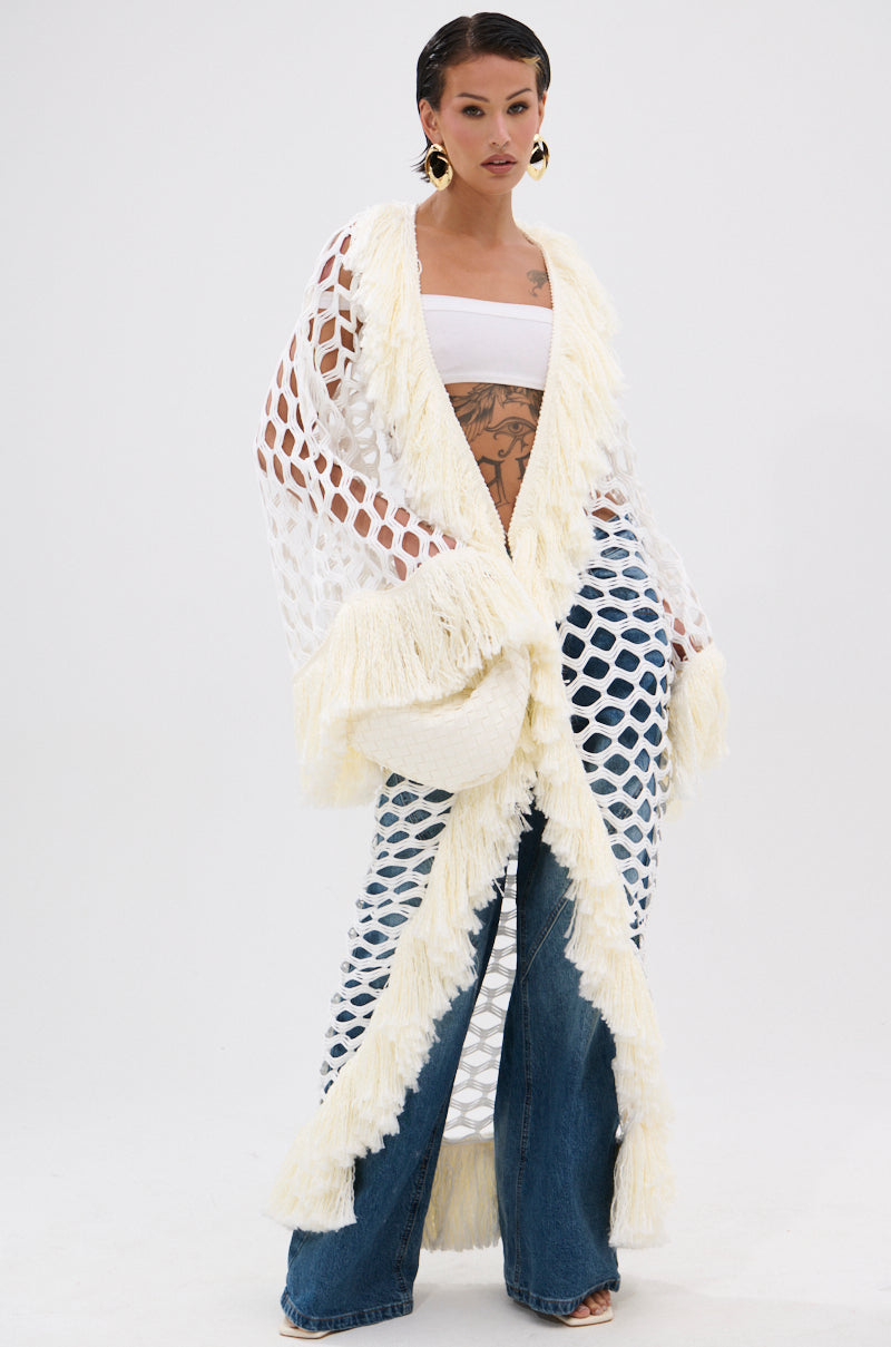 BORN LIKE THIS FRINGE DETAIL LONG CARDIGAN