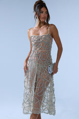 RIGHT THIS WAY RHINESTONE MIDI DRESS IN NUDE