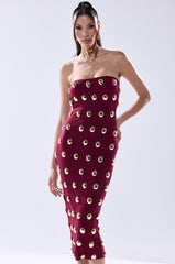 TIME AFTER TIME MIDI DRESS WITH METAL DETAILING IN BURGUNDY