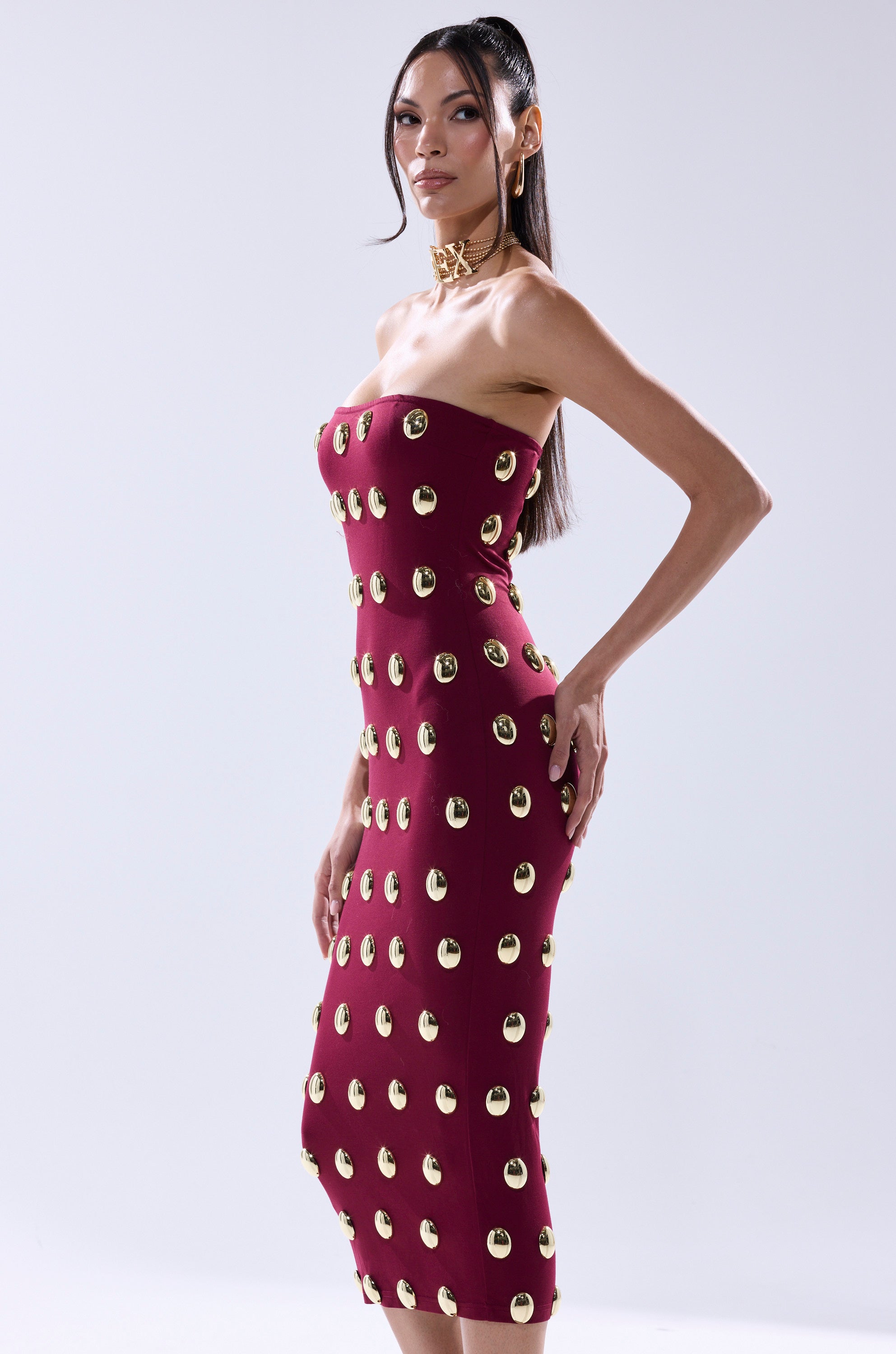 TIME AFTER TIME MIDI DRESS WITH METAL DETAILING IN BURGUNDY