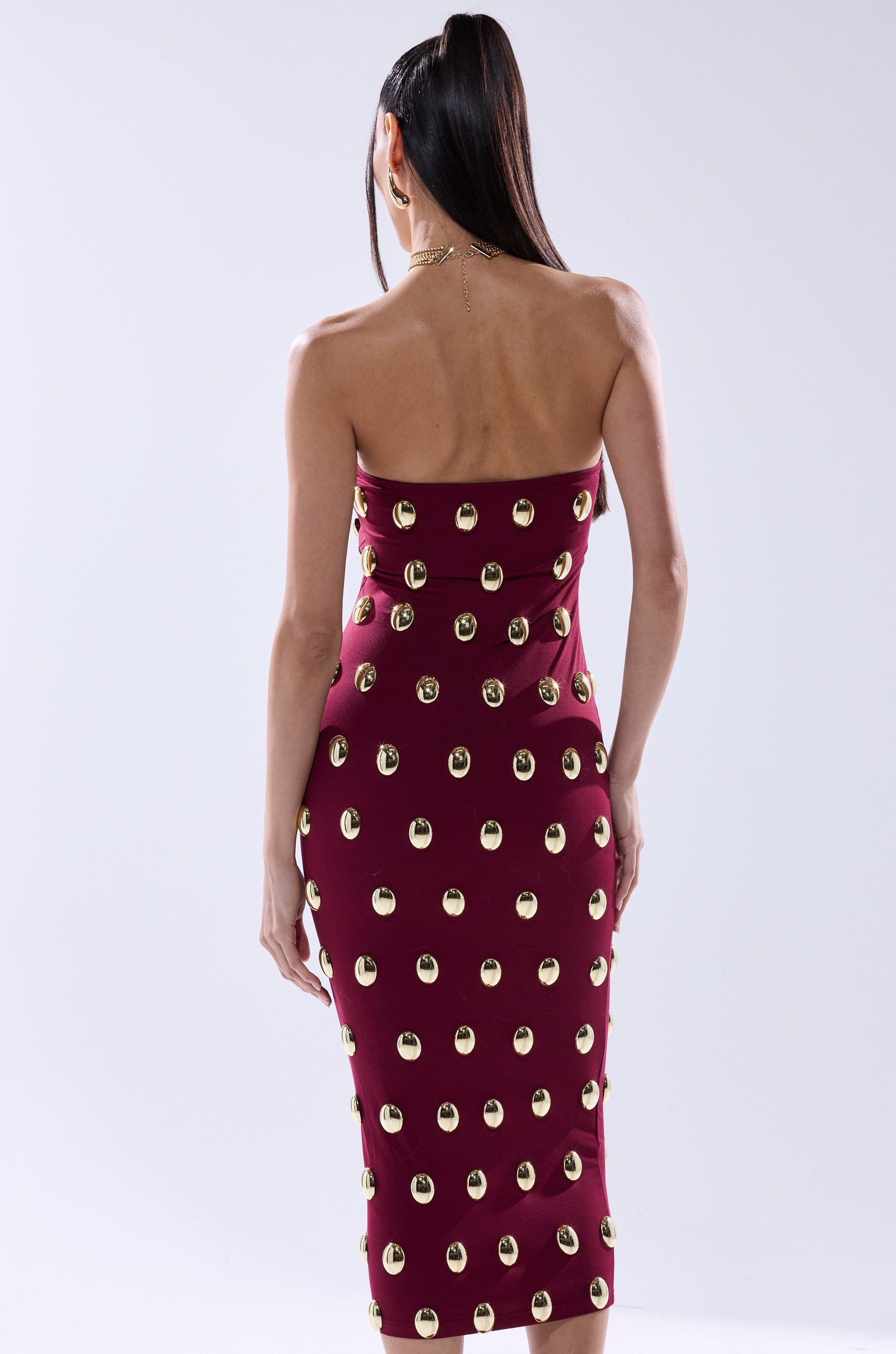 TIME AFTER TIME MIDI DRESS WITH METAL DETAILING IN BURGUNDY