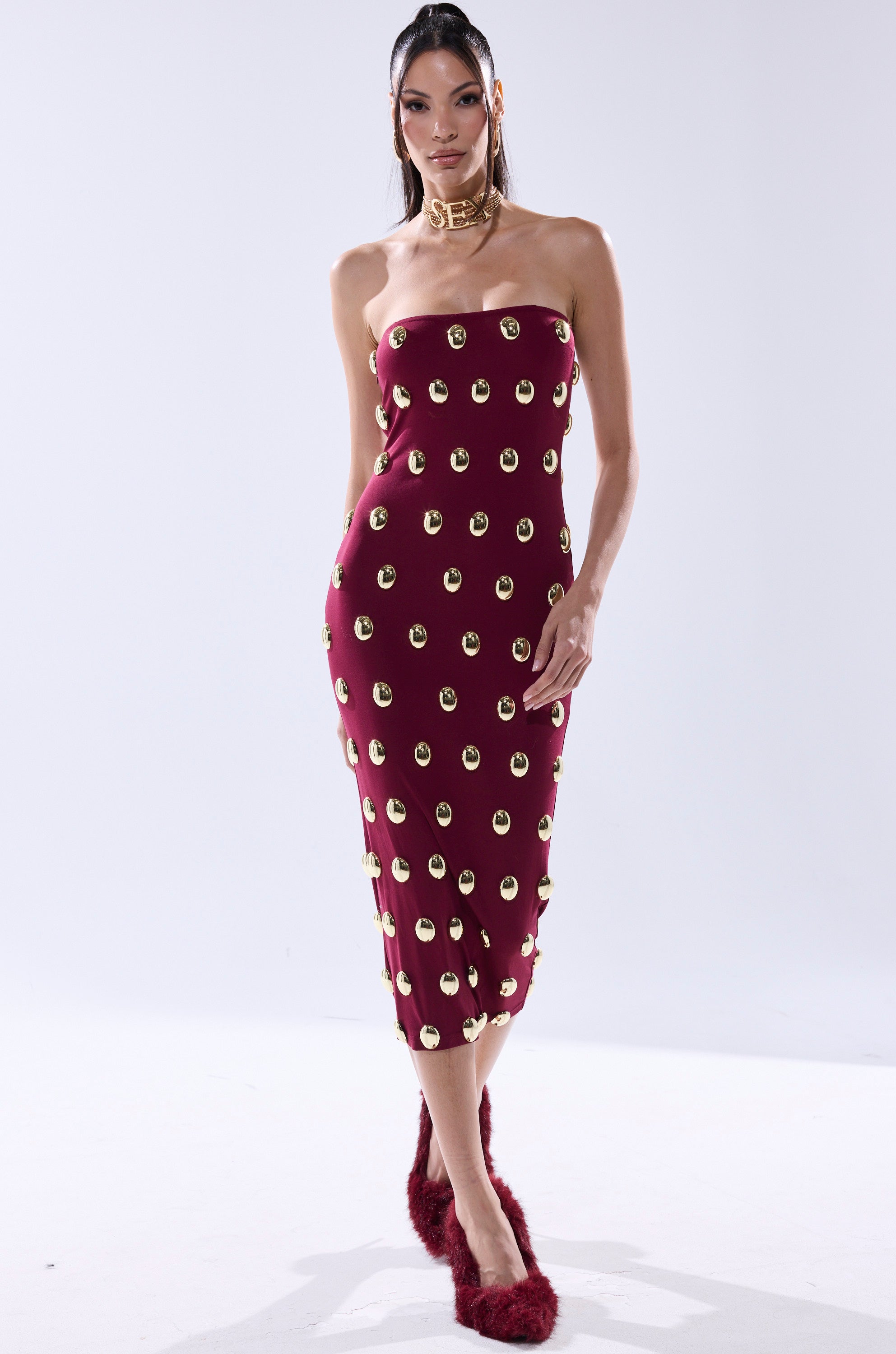 TIME AFTER TIME MIDI DRESS WITH METAL DETAILING IN BURGUNDY