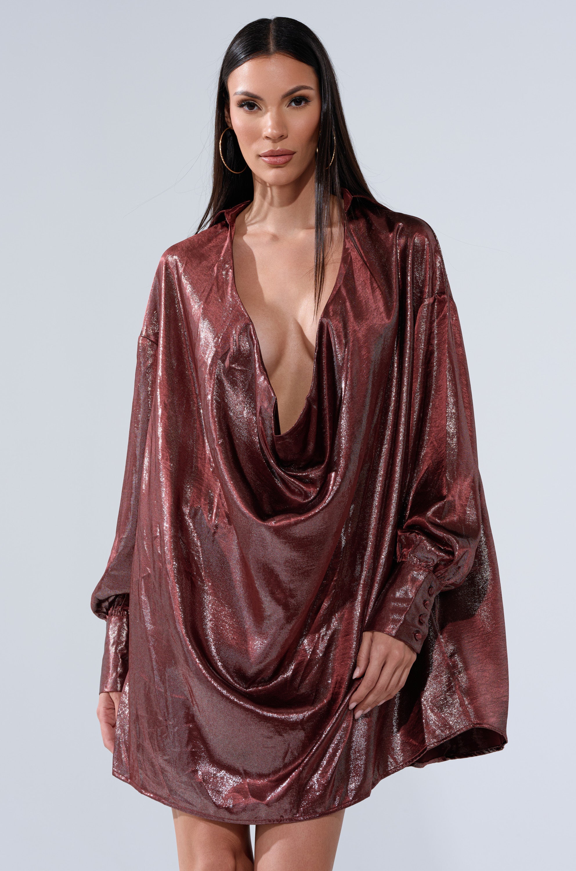 LENNON PLUNGING SATIN SHIRT DRESS