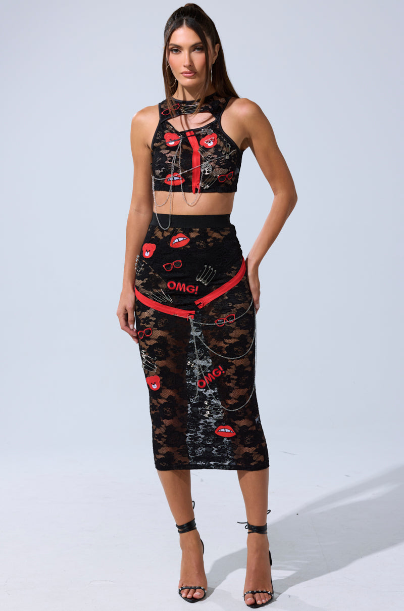 OMG LACE MAXI SKIRT WITH EMBELLISHMENTS