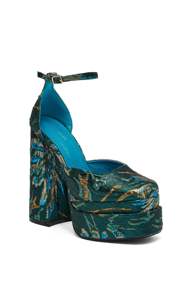 AZALEA WANG ZIPPHORA BLUE BROCADE CHUNKY PUMP