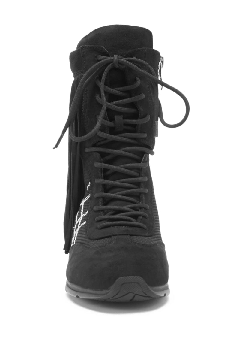 AZALEA WANG ZITHER BLACK FLAT FRINGE BOOTIE