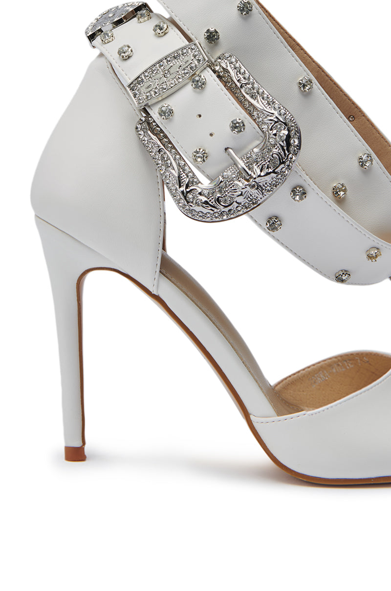 AZALEA WANG ZORKA WHITE WESTERN BUCKLE STILETTO SANDAL