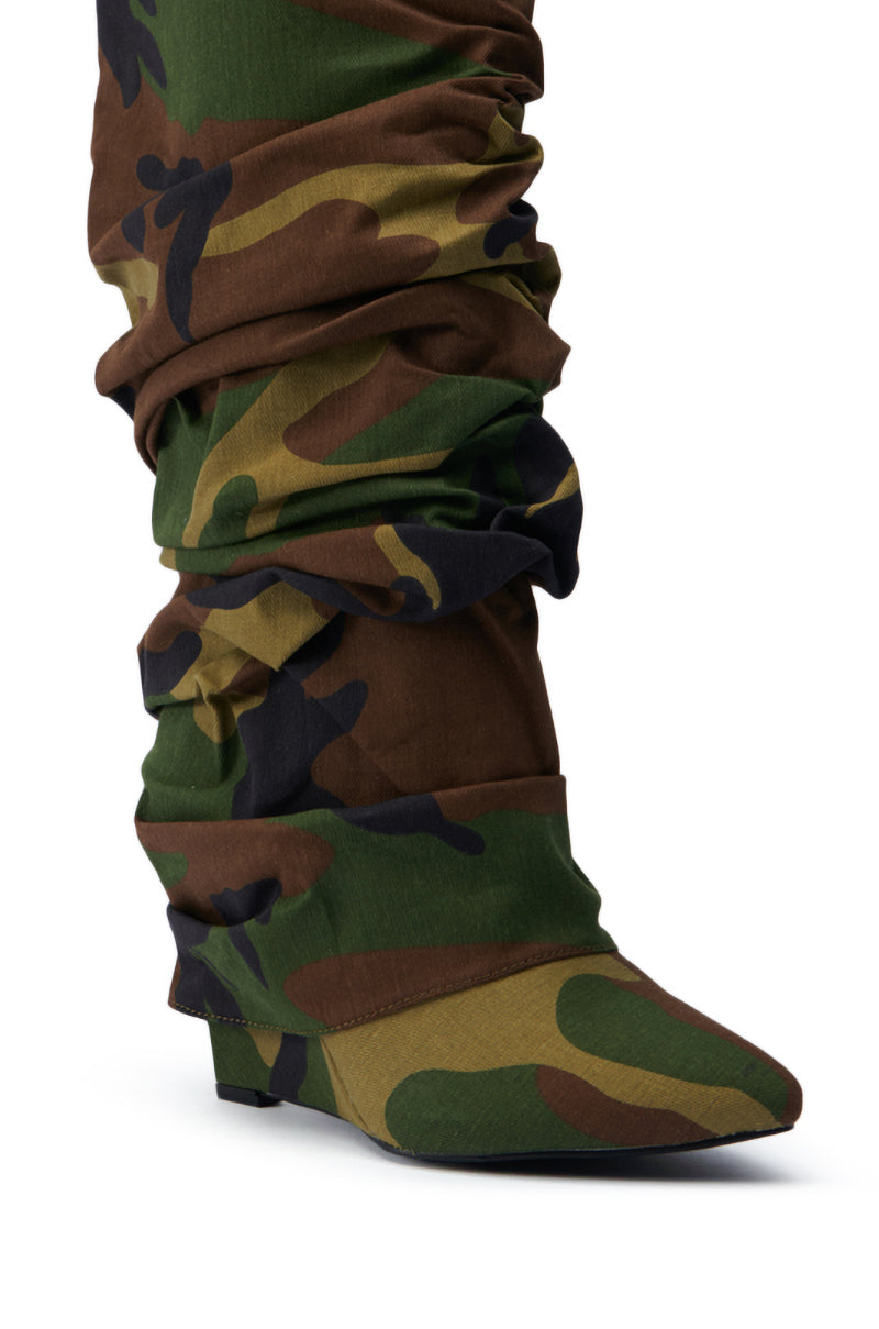AZALEA WANG ZUMMA CAMO RUCHED WEDGE BOOT
