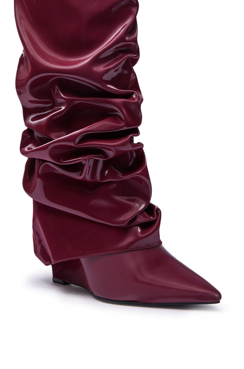 AZALEA WANG ZYLLA BURGUNDY PATENT WEDGE RUCHED BOOT